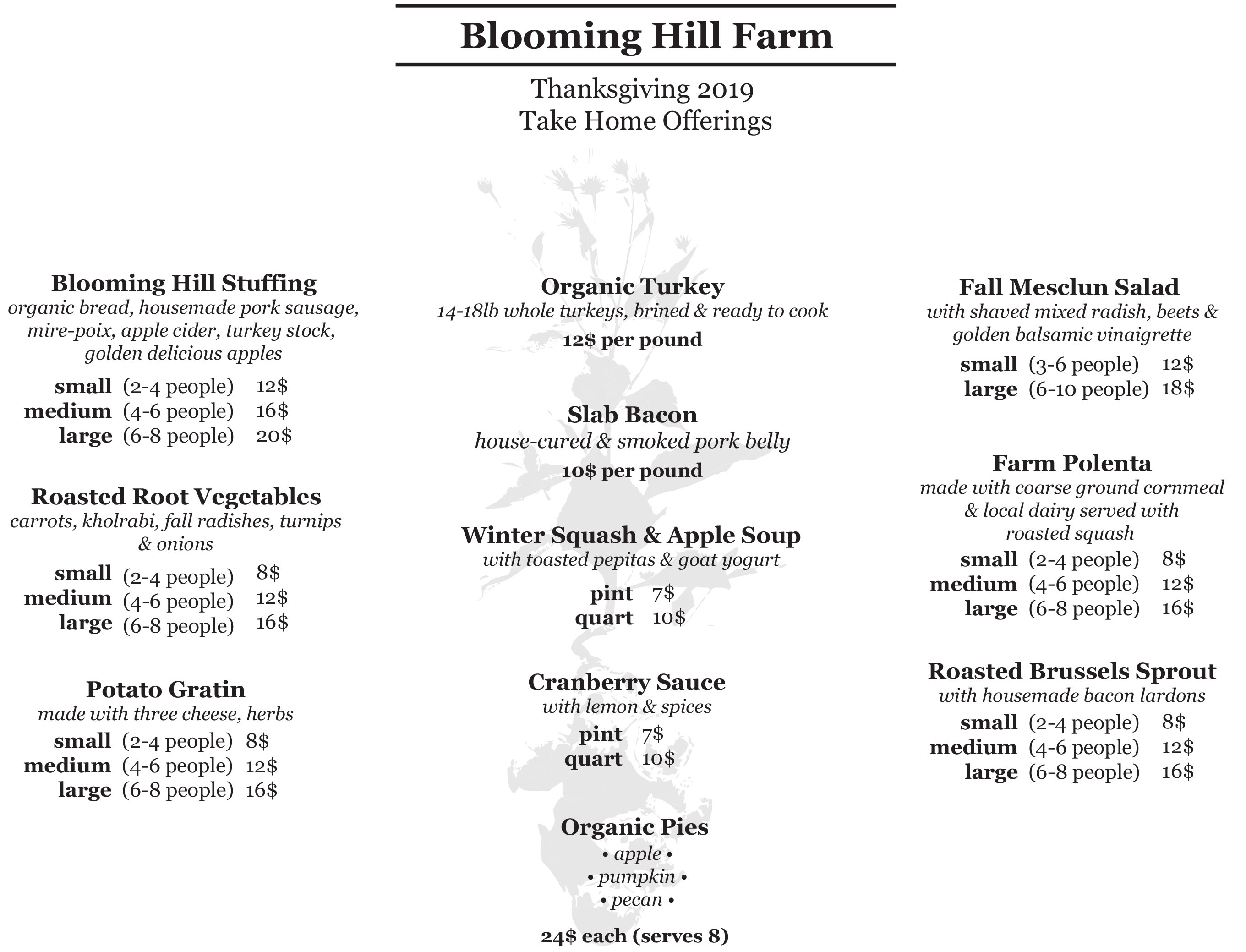Blooming Hill Farm Menu